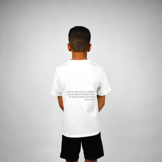 Romans 8:28 Bible Verse Shirt for Kids (White)