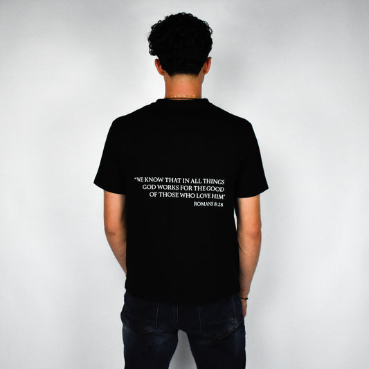 Romans 8:28 Bible Verse Shirt for Men (Black)