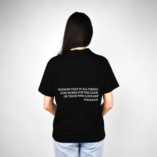 Romans 8:28 Bible Verse T-shirt for Women (Black)